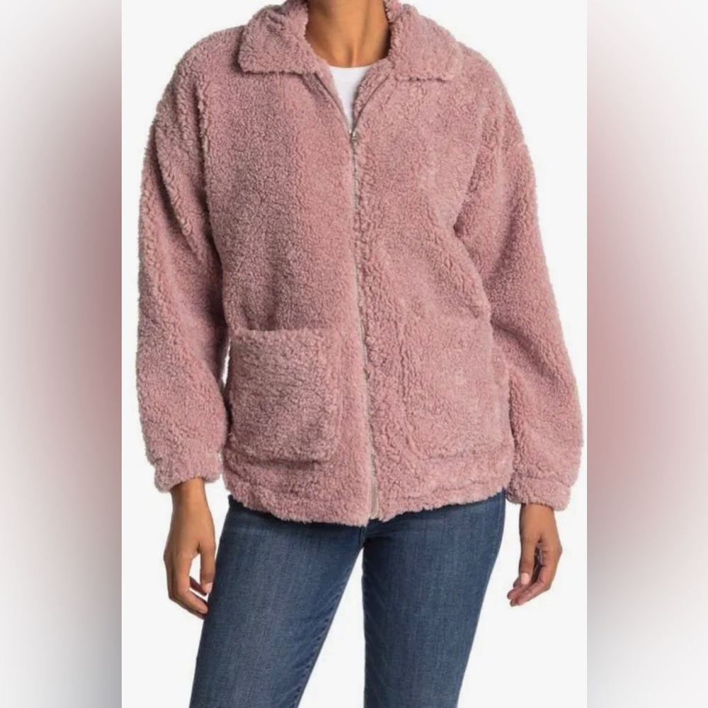 Thread & Supply Teddy Sherpa Full Zip Jacket Coat in Color Adobe Rose